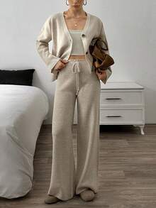 EURMUSE Completo da donna in 2 pezzi con cardigan in maglia morbida al tatto con collo polo e pantaloni coordinati, set lounge comodo e casual, beige avena, taglie petite, abbigliamento invernale - Beige - Visualizzare 2