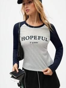 Gameset SHEIN Sport Women's Casual Contrast Color Print Round Neck Long Sleeve Sports T-Shirt - Grey - View 7