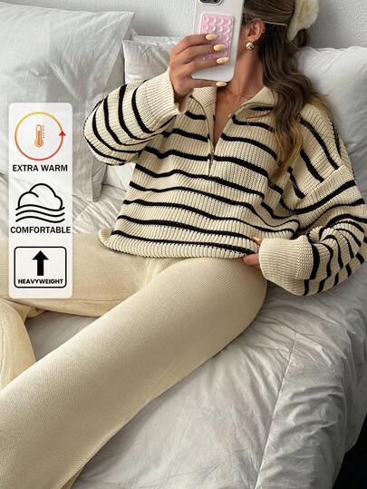 EURMUSE CLARA VERO Casual Half Zip Neckline Contrast Color Stripe Drop Shoulder Cozy Sweater & Wide Leg Solid Color High Waist Knitted Pants 2 Pieces Knit Set For Fall Winter Women Outfits Knit Two Piece Set 2 Piece Lounge Sets Women Sweater Sets For Women Comfy Set Comfortable Two Piece Set,Petite