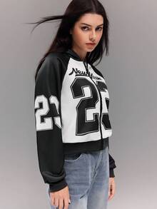 Teen GirlCasual Brand Knitted Digital Positioning Letter Hooded Raglan Sleeve Positioning Star American Retro Versatile Patchwork Zip-Up Jacket - Multicolor - View 3