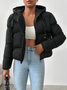 EURMUSE Zip Up Drawstring Hooded Puffer Coat - Black - View 5