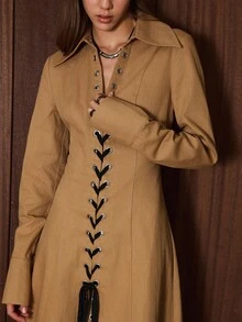 Easelle 女士西部风格长袖镂空设计长款休闲风衣，搭配西部靴，适合秋冬季节穿着。 - 卡其色 - 查看 5