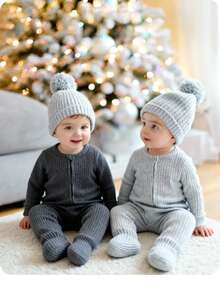 2 件套新生女婴可爱纯色针织长袖连体睡衣套装，连脚