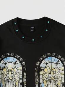 ROMWE MEN Goth Men Glitter Diamond Religious Print Long Sleeve Top, Loose Cropped Fit, Fall - Black - View 3