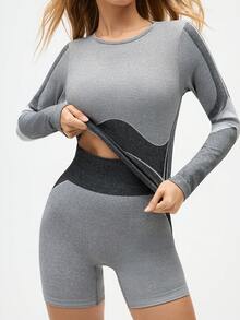 Eassivo Damen Kontrast-Farben Rundhals Langarm T-Shirt und Leggings Lässig Sportanzug