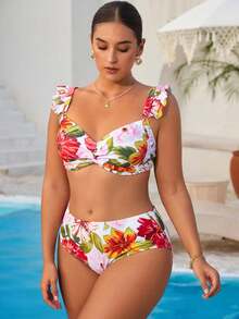 Swim Vcay Bikini đi biển thường ngày họa tiết hoa cỡ lớn cho nữ 2 mảnh cắt thấp có dây đeo có thể điều chỉnh - trắng - Xem 1