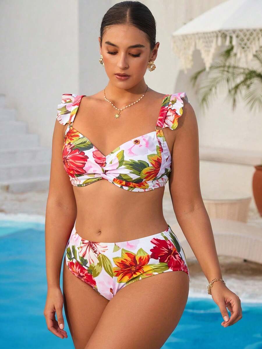 Swim Vcay Bikini đi biển thường ngày họa tiết hoa cỡ lớn cho nữ 2 mảnh cắt thấp có dây đeo có thể điều chỉnh - trắng - Xem 1