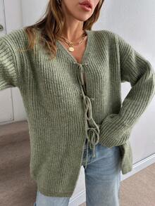 EURMUSE Damen einfarbiger Cardigan mit Schleife vorne, Drop Shoulder, strickig