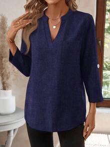 SHEIN LUNE 女式春季印花缺口领 3/4 袖衬衫、工作衬衫 - 藏蓝色 - 查看 6