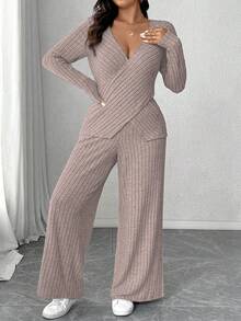 Calvaya Plus Size Soft Knit Ribbed Fabric Criss-Cross Long Sleeve T-Shirt + Soft Ribbed Wide Leg Pants Casual Homewear 2 Pieces Set - Pink - View 7