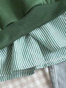 青少年女孩运动衫，休闲学院风百搭，二合一运动衫衬衫领数字和字母印花豹纹宽松版型 - 墨綠色 - 查看 6