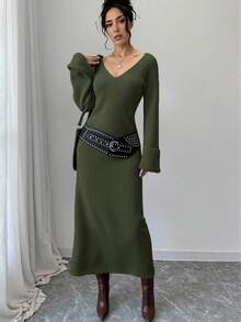 EURMUSE Casual Deep V Neck Solid Color Plain Pattern Drop Shoulder Double Cuff Oversize Fit Cozy Maxi Knitted Dress For Winter Daily Styles - Army Green - View 5