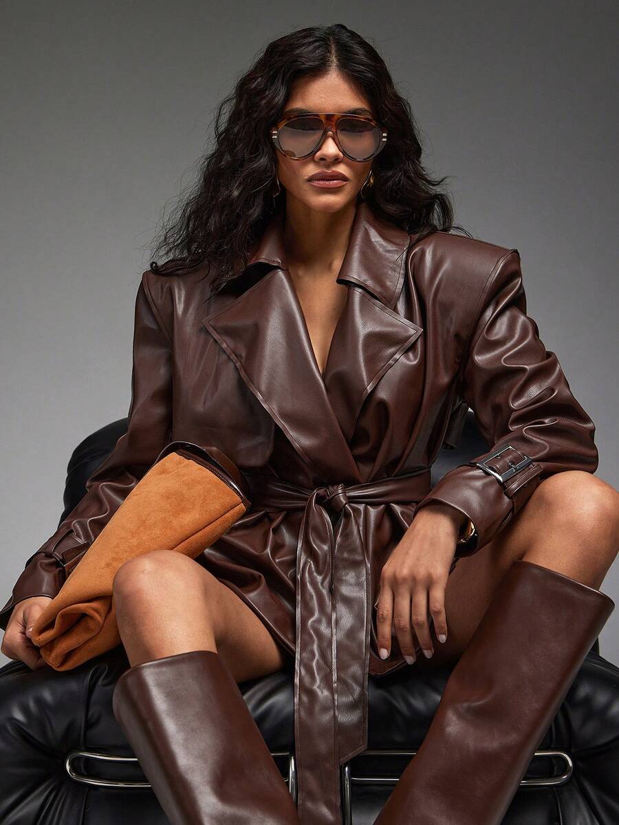 Hauture Bold Shoulder PU Leather Coat - Fashion Party Essential For Night Out Style - Brown - View 1