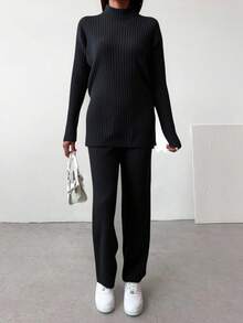 EURMUSE Ladies' Ribbed Stand Collar Top And Pants Set - Dark Grey - View 3