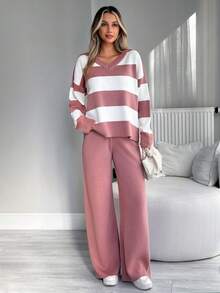 SHEIN Women's Striped V-Neck Long Sleeve Top And Solid Color Pants Sweater 2-Piece Set