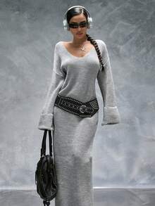 CasuGlow Deep V Neck Solid Color Plain Pattern Drop Shoulder Double Cuff Oversize Fit Cozy Maxi Knitted Dress - Light Grey - View 1