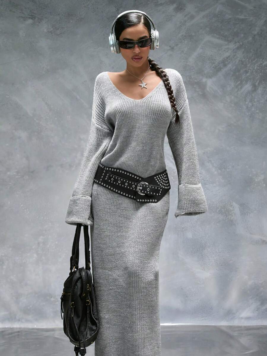 CasuGlow Deep V Neck Solid Color Plain Pattern Drop Shoulder Double Cuff Oversize Fit Cozy Maxi Knitted Dress - Light Grey - View 1