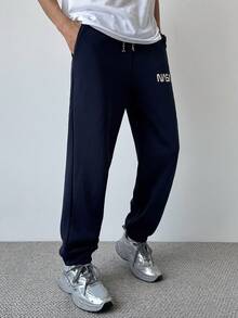 SHEIN 青少年/年轻男士休闲街头风格纯色字母标语印花慢跑裤，百搭经典基本款，适合居家、通勤、上学、日常休闲、旅行、户外、派对、秋冬 - 藏蓝色 - 查看 6