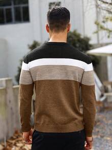 Manfinity Mode Plus Size Men's Casual Contrast Color Crew Neck Long Sleeve Sweater, Fall/Winter - Coffee Brown - View 2