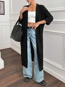 EURMUSE 女士冬季黑色长款毛衣开衫 - 黑色 - 查看 4