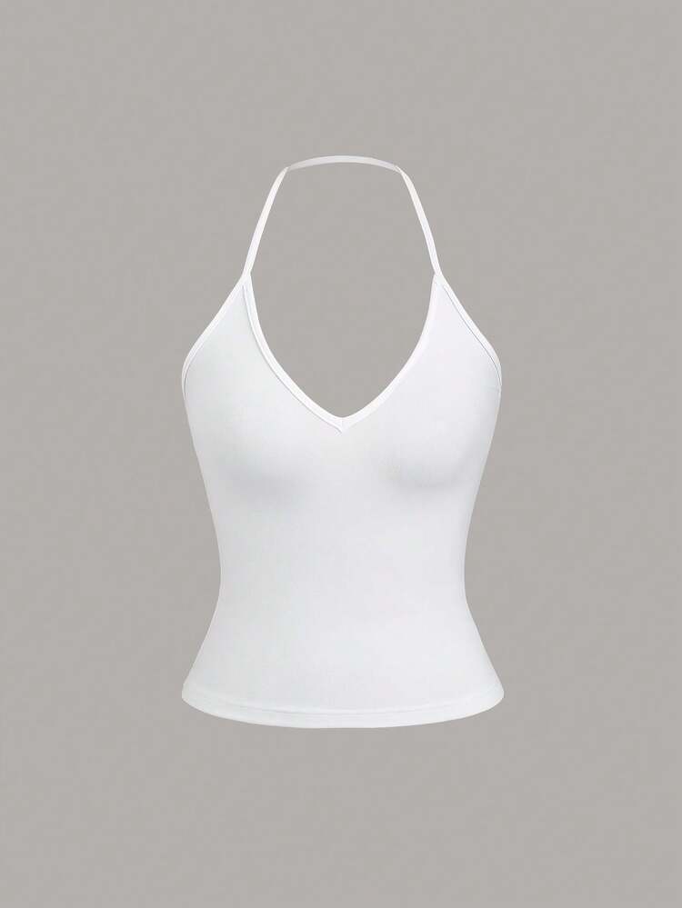 Sweetra 3pcs Women Solid Color Halter Neck Camisole Set