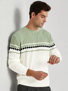 Manfinity CityGents Men's Colorblock Diamond Pattern Crew Neck Long Sleeve Sweater, Fall/Winter