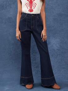 WESTFADE High Rise Relaxed Flare Leg Scalloped Hem Cotton Blend Denim Utility Jeans Fall, Autumn, Winter, Boho, Western Wear For Women - Dark Wash - View 5