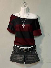 Attitoon 不对称领休闲宽松百搭大码女式T恤 - 紅色 - 查看 6