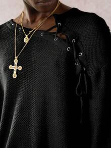 STYNVO Men's Loose Fit Eyelet Lace-Up Design Long Sleeve Sweater, Autumn, Fall - Black - View 6