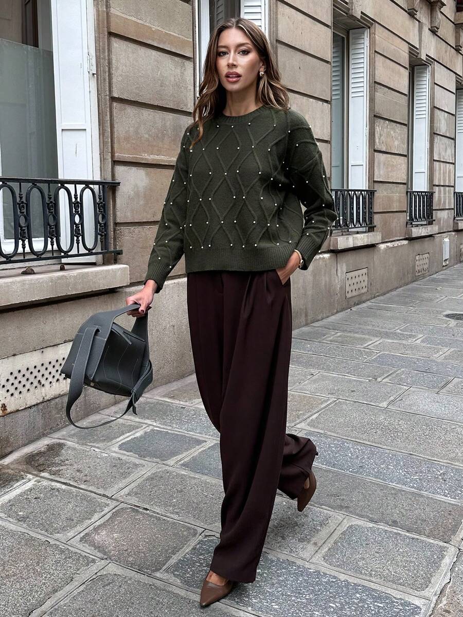 Chiquease French Style New Rhombus Studded Loose Pullover Sweater, Autumn/Winter - Army Green - View 1