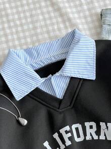 Tween Girls Sweatshirt, Casual College Style Versatile, 2 In 1 Sweatshirt Shirt Collar Numeric & Letter Print Leopard Pattern Loose Fit - Black - View 3