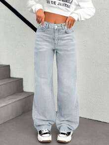 SHEIN Cottnline Low Waist Back Jacron Detailed Wideleg Jean - Baby Blue - View 6