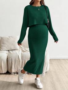 SHEIN Dwuczęściowy komplet ciążowy z okrągłym dekoltem i krótkim rękawem