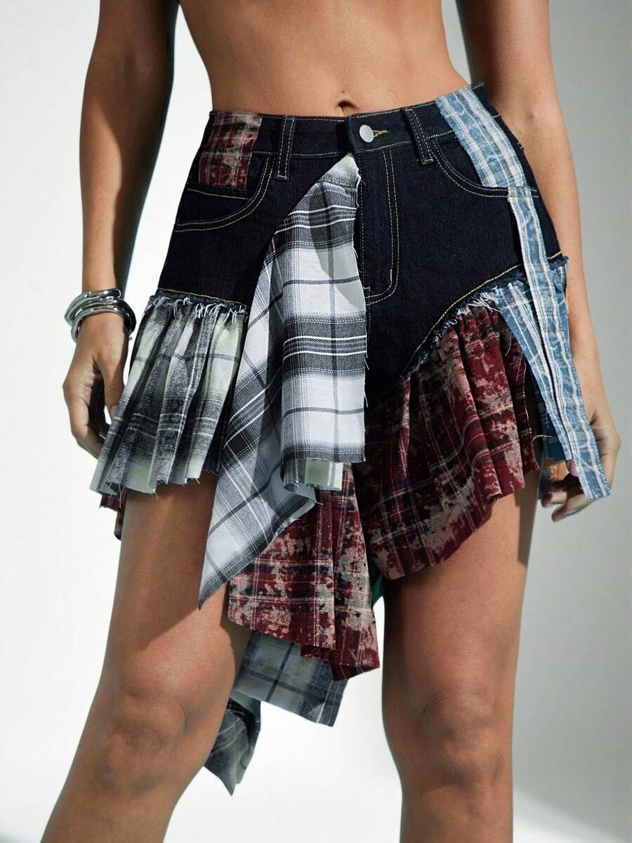 Denimoi Quần short denim tua rua kẻ caro pha trộn axit wash phong cách đường phố mùa hè mặc hàng ngày - Rửa tối - Xem 1