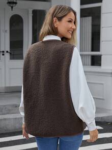 INAWLY 1pc Women Regular Plush Button Vest Jacket, Autumn/Winter - Coffee Brown - View 2