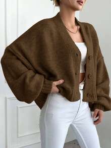 EURMUSE Áo len cardigan dệt kim dài tay tối giản màu trơn dành cho nữ, mặc thường ngày - màu nâu - Xem 3