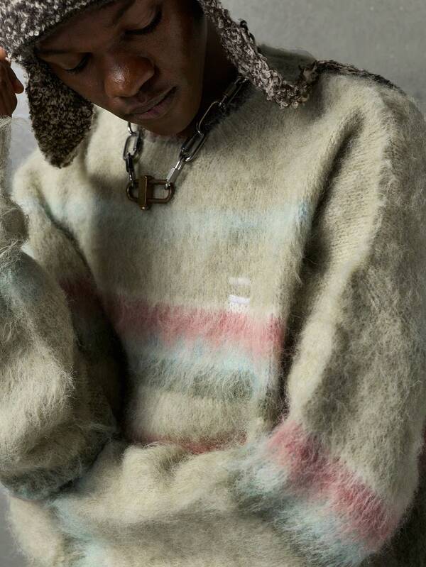 NEON BLANC Men's New Fashion Casual Colorblock Striped Pattern Loose Fit Fluffy Knit Pullover Sweater, Machine Washable Or Dry Clean, For Fall Winter