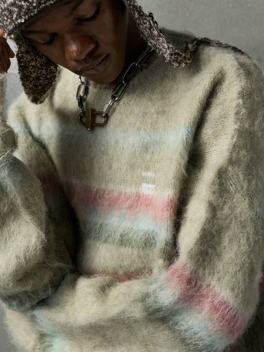 NEON BLANC Men's New Fashion Casual Colorblock Striped Pattern Loose Fit Fluffy Knit Pullover Sweater, Machine Washable Or Dry Clean, For Fall Winter