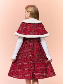 Girls' Christmas Wine Red Flared Dress With Bowknot Cape Jacket, Winter - Burgundy - View 2