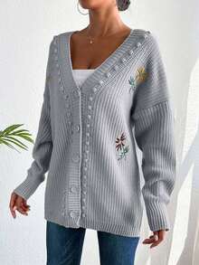 EURMUSE Floral Embroidery Drop Shoulder Button Front Cardigan - Grey - View 4