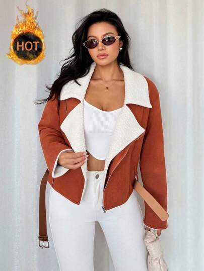 Rafferiza Fashionable And Elegant Winter Suede Lapel Tie Belt Short Women Jacket Women Winter Wear Women Winter Jacket