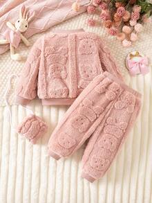 SHEIN Babygirl 蓬松粉色长袖运动衫套装，秋冬 - 彩色 - 查看 2