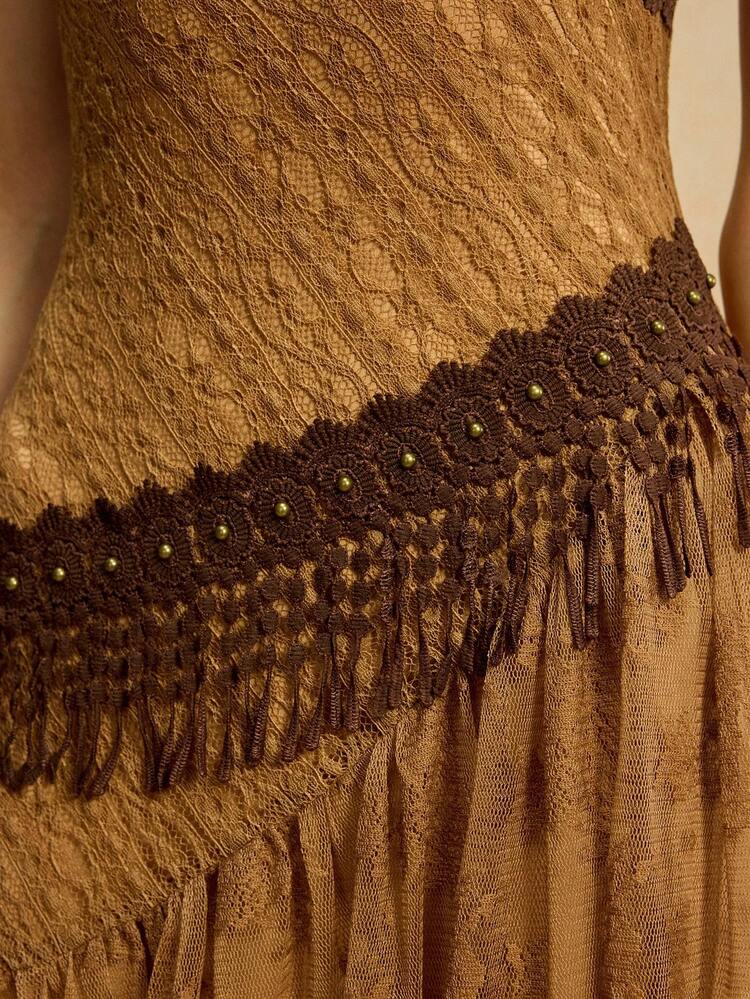 Easelle Vestido Vintage Nômade de Renda Retalhos com Alça Ajustável Estilo A-Line Sexy para Mulheres, Vestido Longo Marrom, Vestido Estampa de Onça Cleopatra Marrom Terroso, Vestido Boho Marrom, Vestido Longo Marrom Casual - Castanho - Visão 7