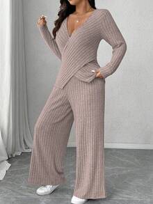 Calvaya Plus Size Soft Knit Ribbed Fabric Criss-Cross Long Sleeve T-Shirt + Soft Ribbed Wide Leg Pants Casual Homewear 2 Pieces Set - Pink - View 4
