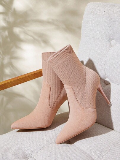 CUCCOO BASICS Botas de tobillo de punto de color albaricoque con tacón de aguja, botas elásticas versátiles y cómodas para mujer con pierna delgada, botas cortas de tacón alto