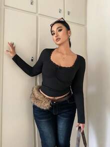 Vibekara Áo thun ngắn tay màu trơn viền ren cỡ lớn, áo thun dài tay màu đen - màu đen - Xem 5