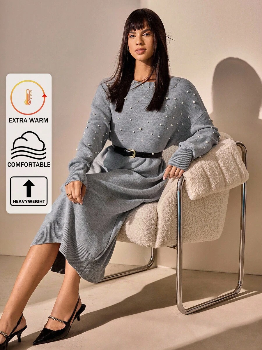 CLARA VERO Damen einfarbiges Minikleid mit Rundhalsausschnitt, Perlenverzierung und Drop Shoulder-Ärmeln - Hellgrau - Übersicht 1