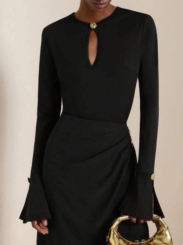 SHEIN Veneréa Camiseta feminina elegante e minimalista com botões de metal decorados, outono/inverno