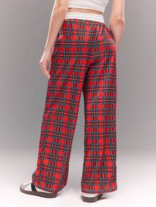 3pcs Teen Girls' Casual Fashion Knitted Digital Print Plaid Patchwork Solid Color Waistband With Drawstring Sweatpants Set - Multicolor - View 2
