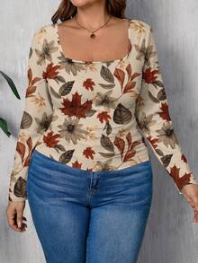 SHEIN LUNE Casual Vintage Maple Leaf Print Plus Size Square Neck T-Shirt, Suitable For Autumn/Winter - Multicolor - View 4